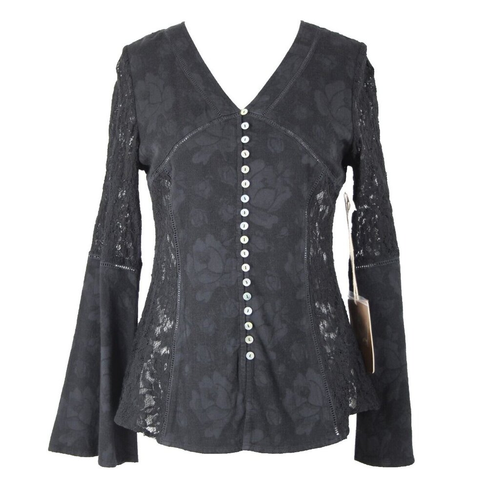 Tregene $177 Sz S Black Lace Eyelet Button Down V Neck Cotton Linen Top